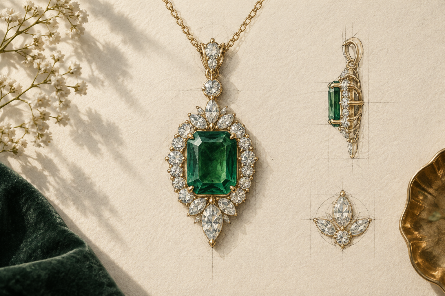 Concept illustration of an emerald and diamond pendant rendered on ivory drawing paper