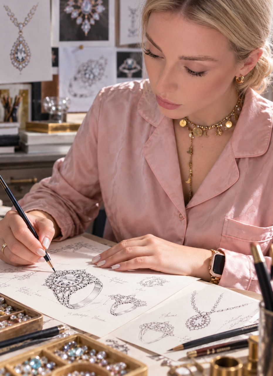 Selena Ivanovna Moroz drawing jewelry designs at her studio desk