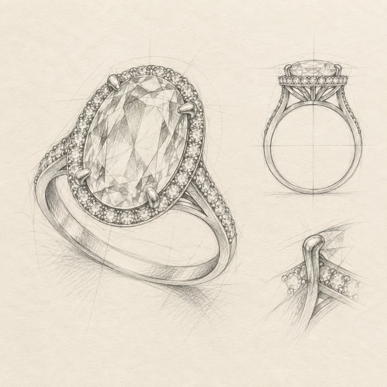 Graphite pencil concept sketch of an oval gemstone ring with side-view and setting details